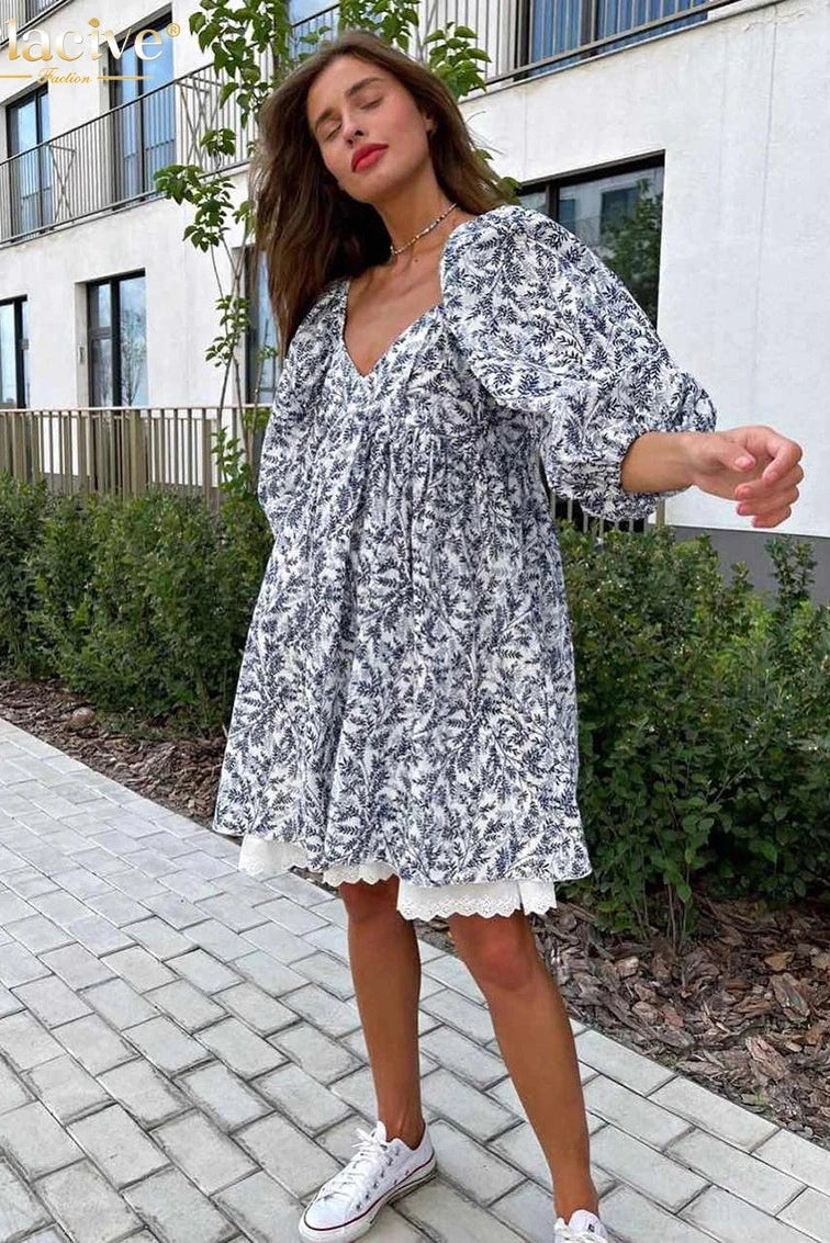 Print V-Neck Short Sleeve Mini Dress