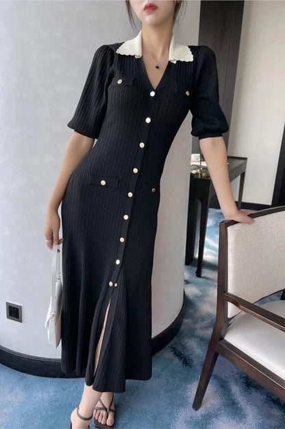 Elegant V-Neck Puff Sleeve Midi Dress