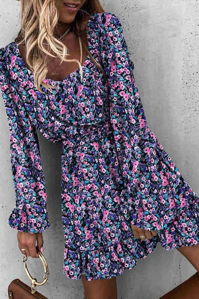 Floral Print Long Sleeve Mini Dress