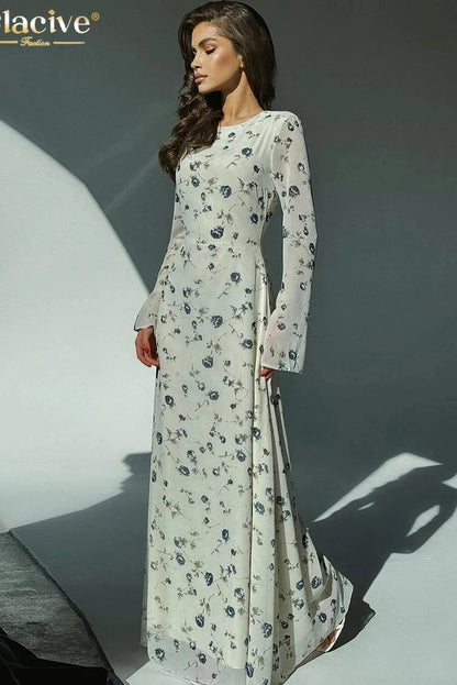 Print O-Neck Long Sleeve Maxi Dress