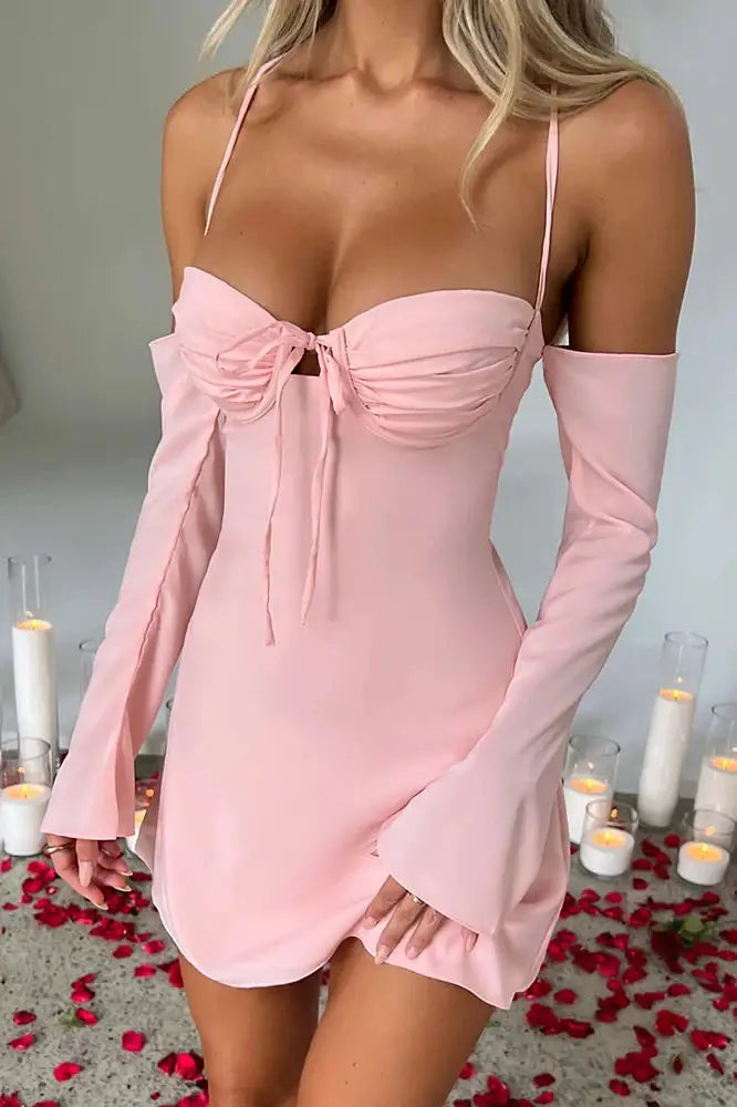 Pleated Bust Lace Up Long Sleeve Backless Mini Dress