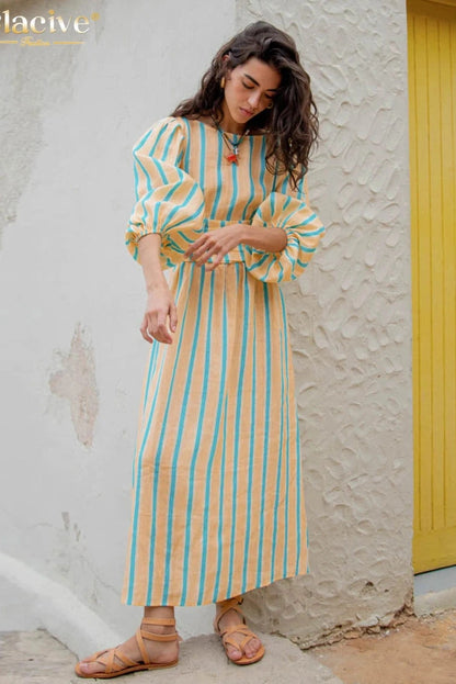 Print O-Neck Puff Sleeve Maxi Dress