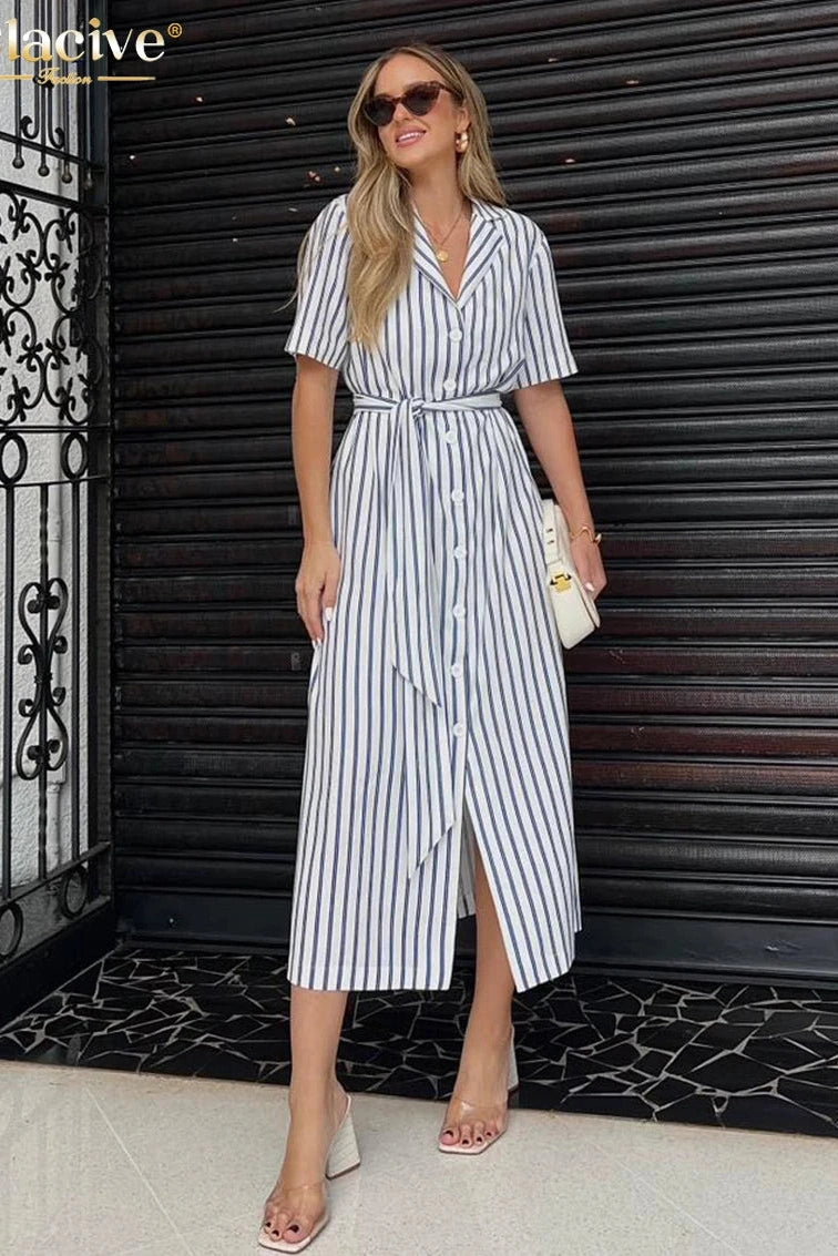 Stripe Print Short Sleeve Midi Dress