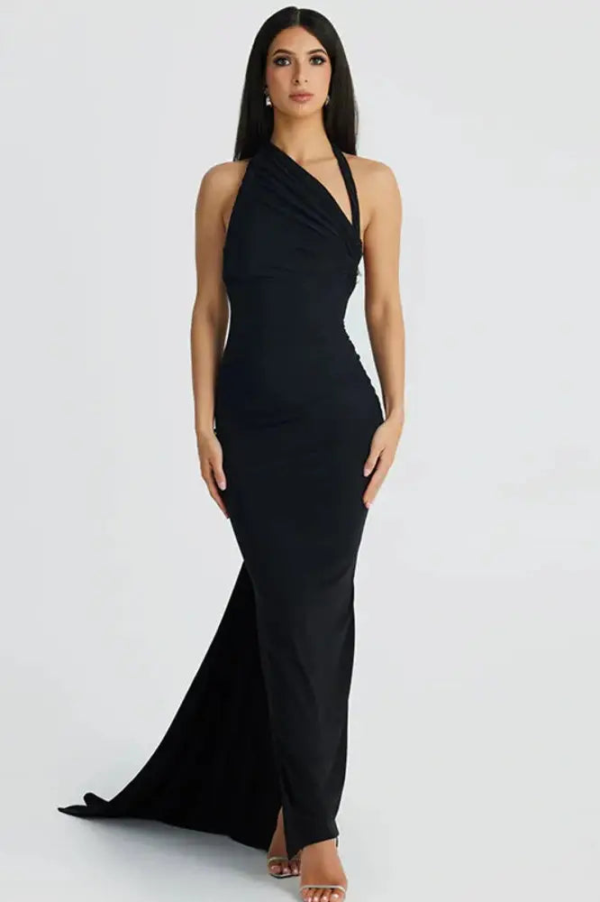 Halter Ruched Backless Maxi Dress