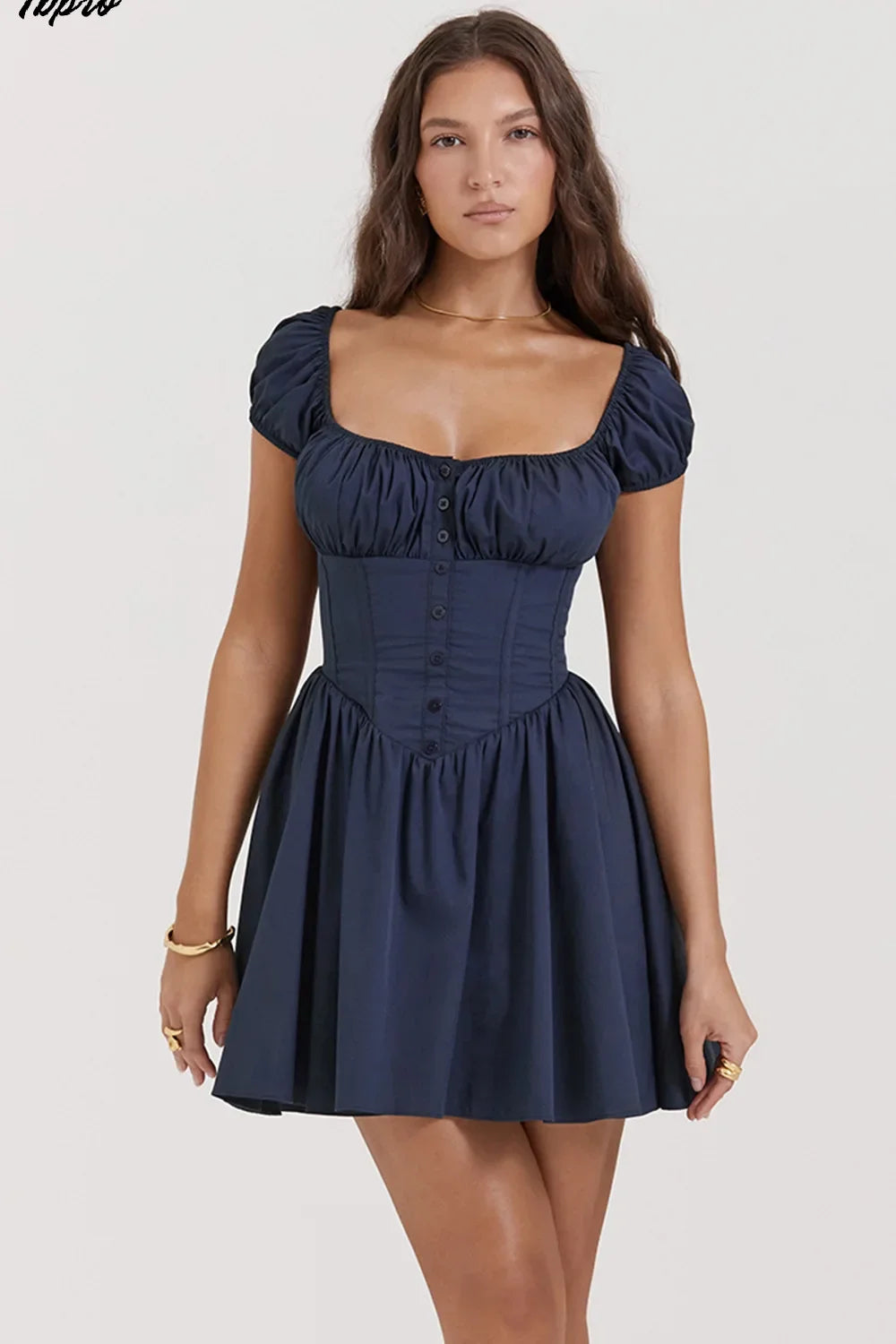 Square Collar Waistband Sleeveless Mini Dress