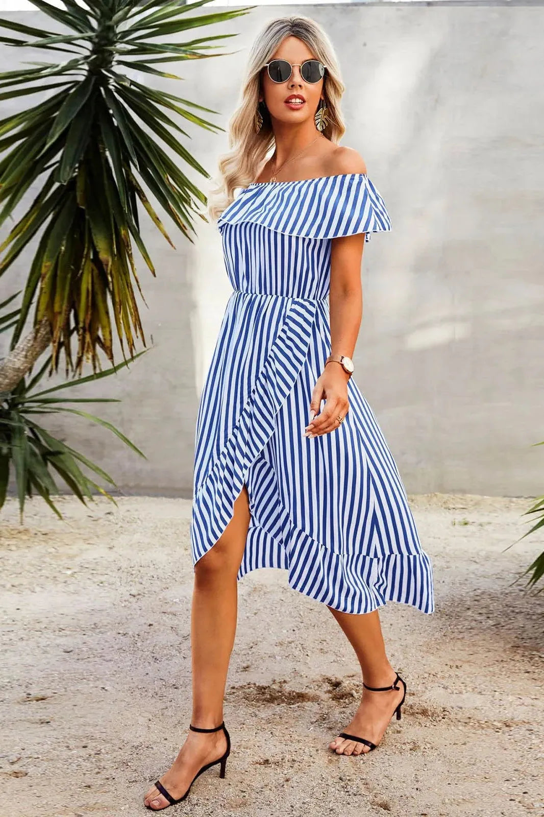 Off-Shoulder Stripe Printed Midi Dress