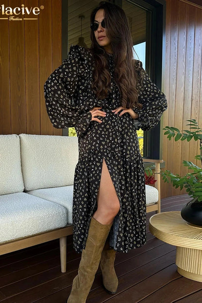 Print O-Neck Long Sleeve Midi Dress