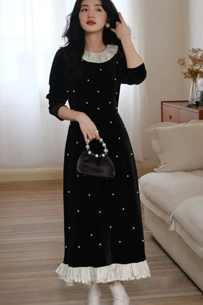 Elegant Velvet Patchwork Midi Dress