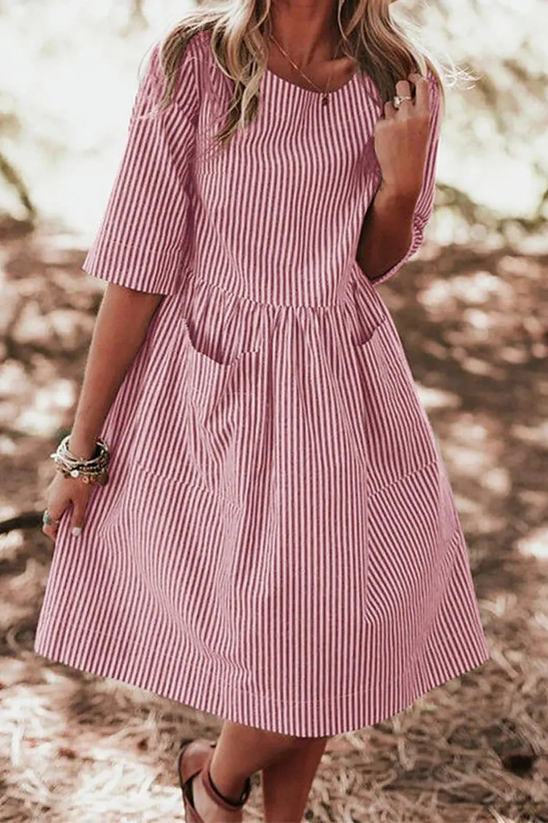 Elegant Striped Half Sleeve Midi Dress