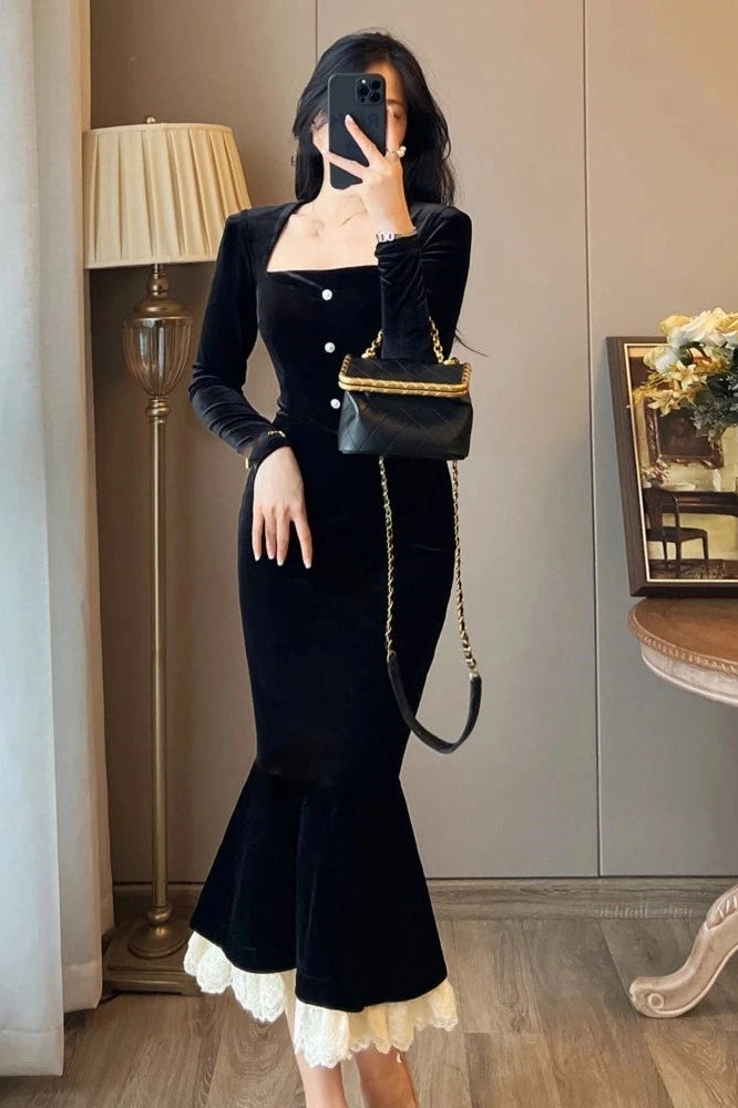 Elegant Velvet Bodycon Midi Dress