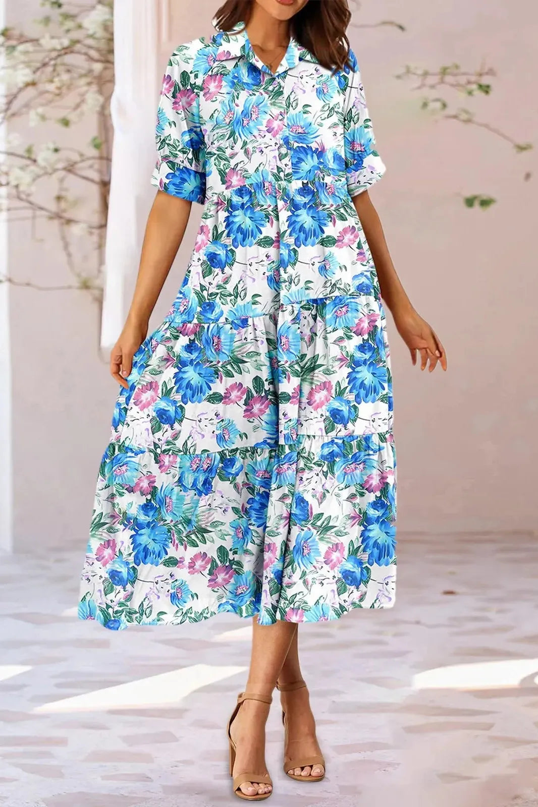 Short Sleeve Floral Print Midi Dress