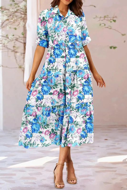 Short Sleeve Floral Print Midi Dress