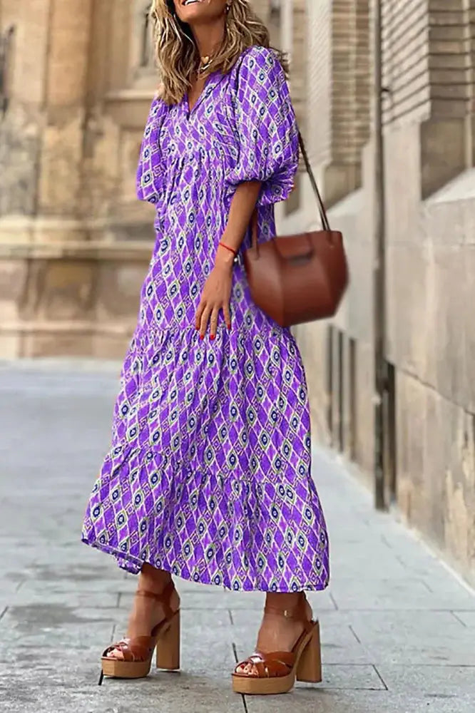 Boho V-Neck Print Lantern Sleeve Maxi Dress