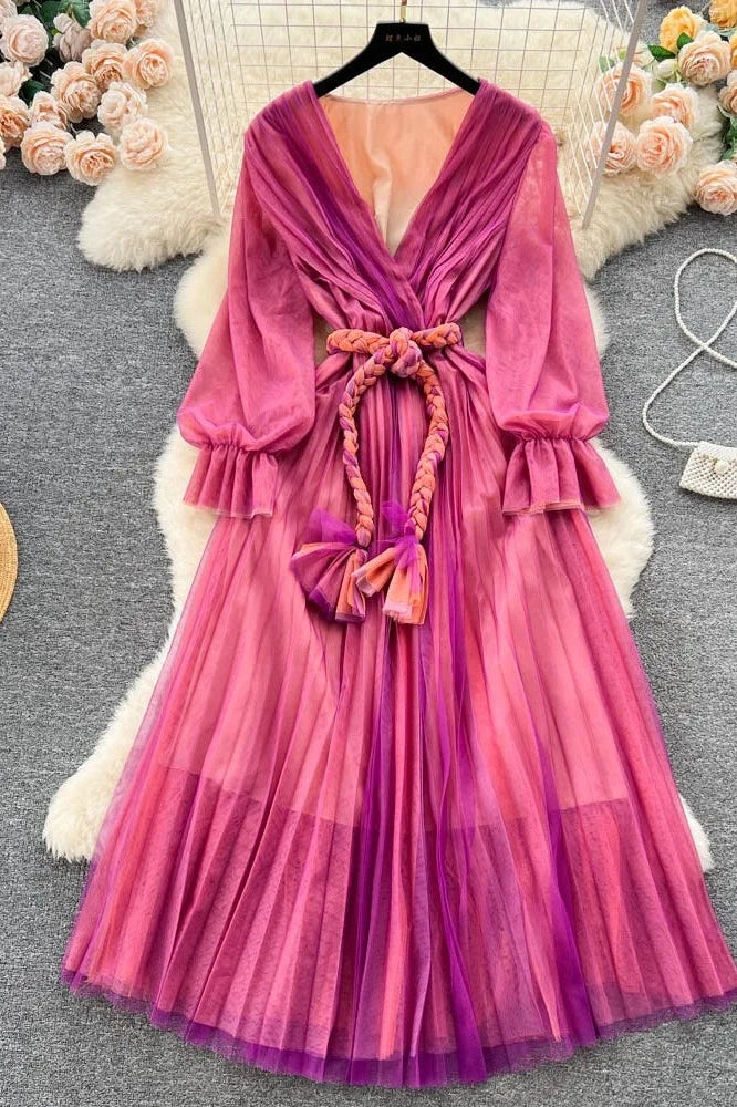 Pleated V-Neck Maxi Dress