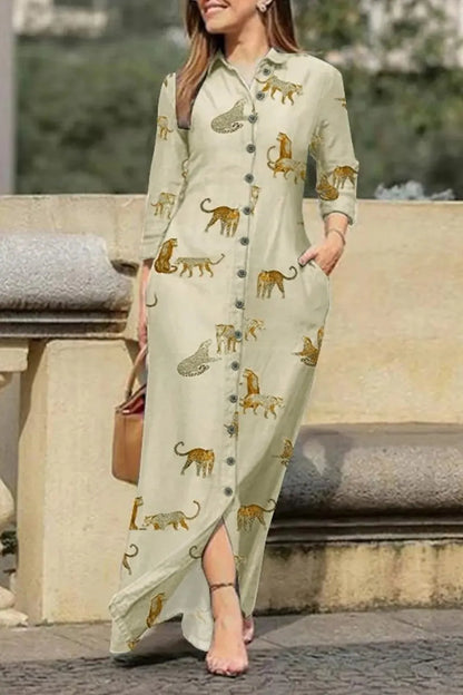 Elegant Printed V Neck Long Sleeve Maxi Dress