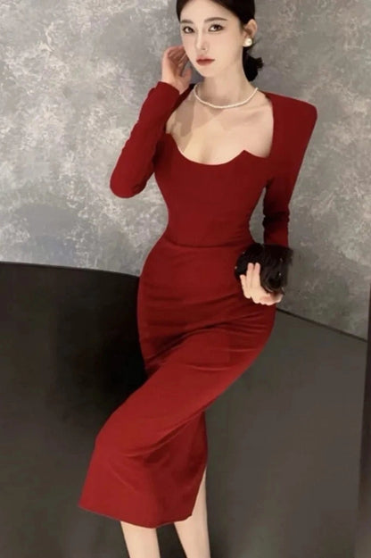 Long Sleeve Wrap Hip Midi Dress