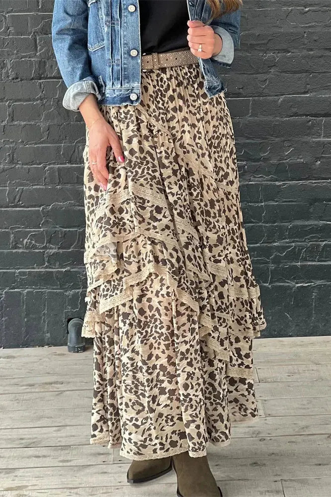 Leopard Printed Ruffled Patchwork Maxi Skirt