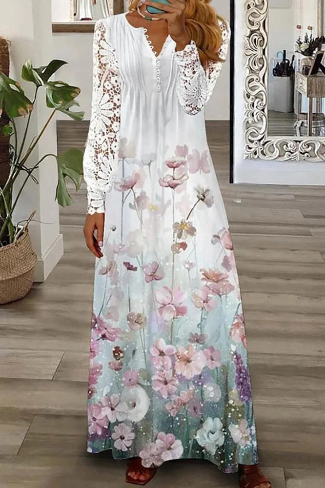 V-Neck Printed Long Sleeve Maxi Dress