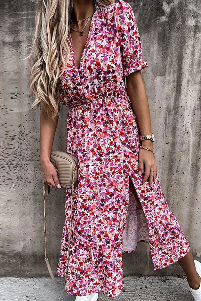 Floral Print V-Neck Long Sleeve Maxi Dress