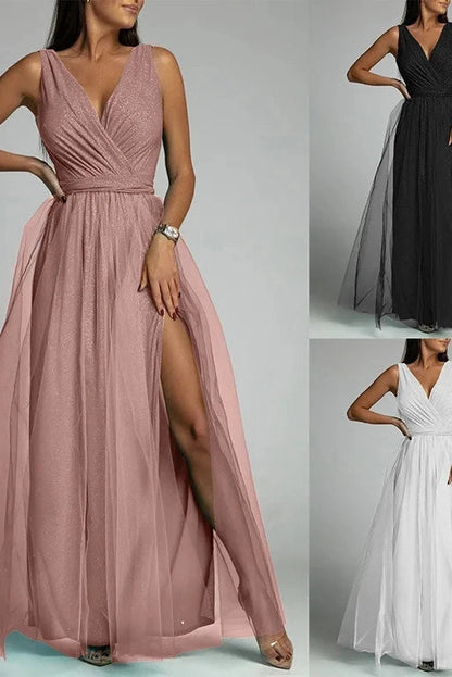 Elegant V-Neck Lace-Up Maxi Dress