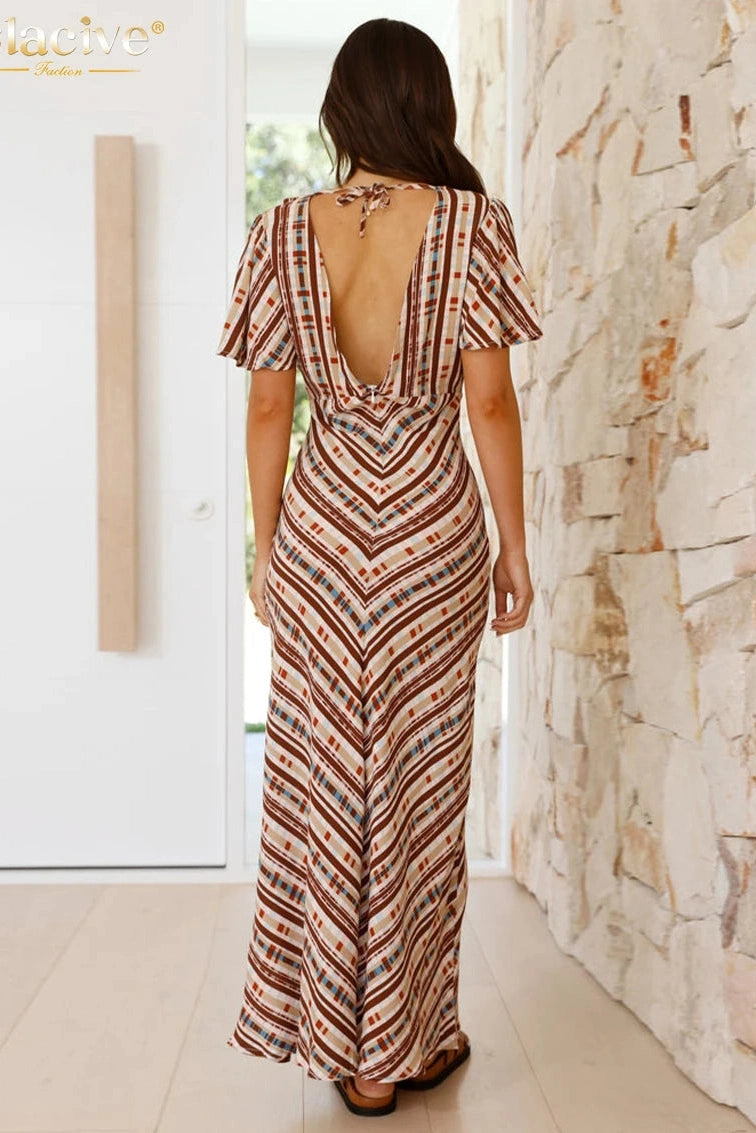 Print V-Neck Short Sleeve Maxi Dress