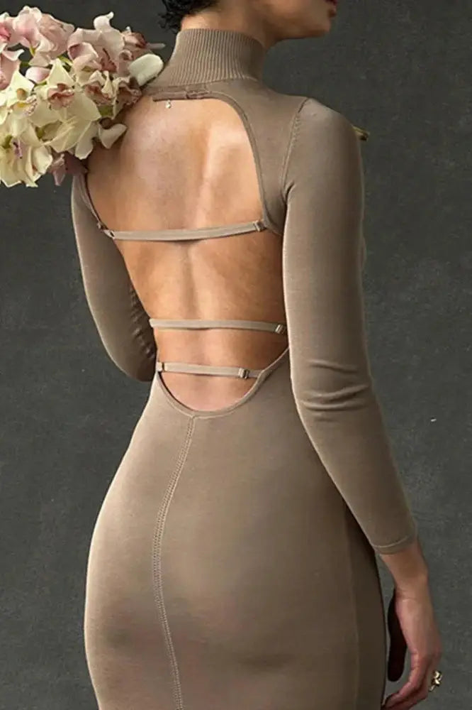 Turtleneck Long Sleeve Backless Midi Dress
