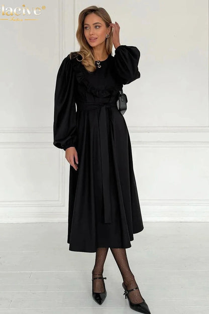 O-Neck Long Sleeve Midi Dress