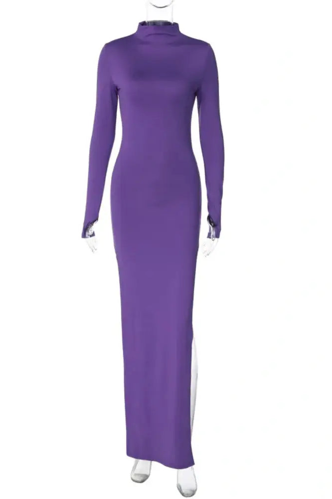 Turtleneck Thigh-High Split Long Sleeve Maxi Dress
