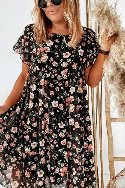 Floral Print Round Neck A-Line Maxi Dress