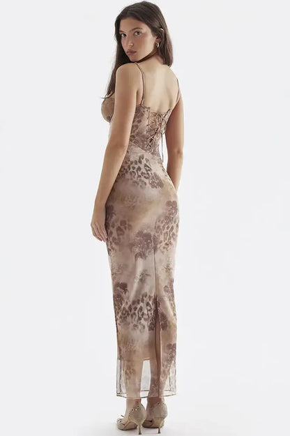 Mesh Floral Print Lace-Up Split Maxi Dress