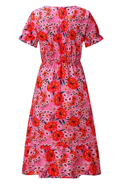 Button V-Neck Floral Print Maxi Dress