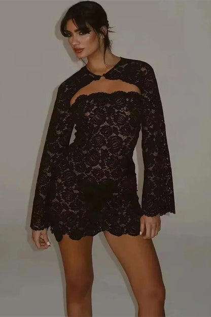 Black Lace Hollow Printed Mini Dress