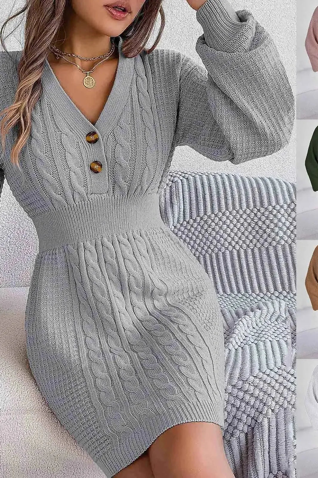 V Neck Button Knit Mini Dress