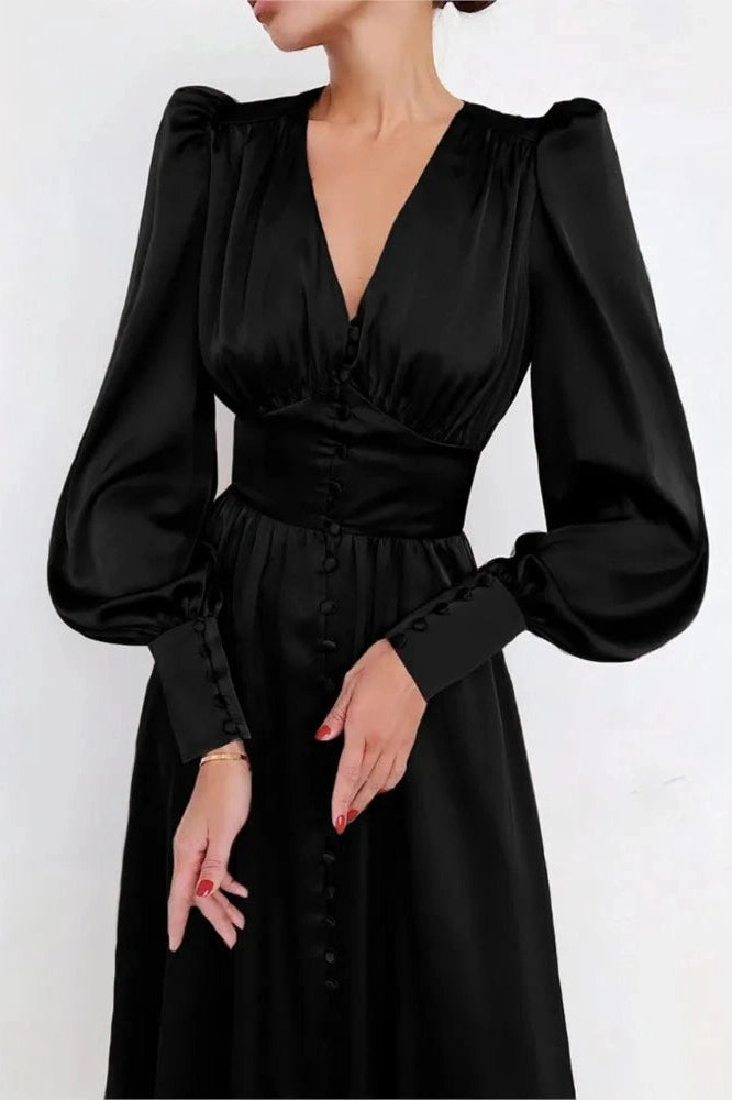 V-Neck Lantern Sleeve Midi Dress