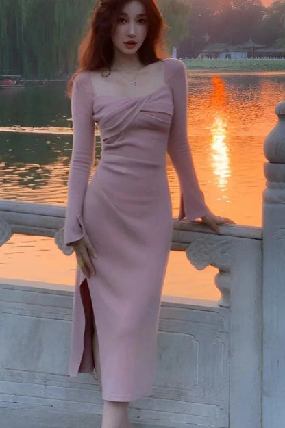 Elegant High Slit Midi Dress