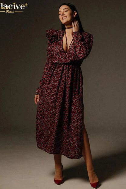 Deep V-Neck Long Sleeve Midi Dress