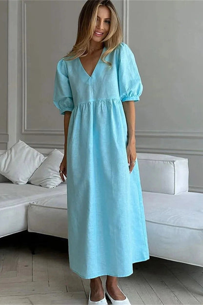 Elegant V-Neck Short Sleeve Maxi Dress