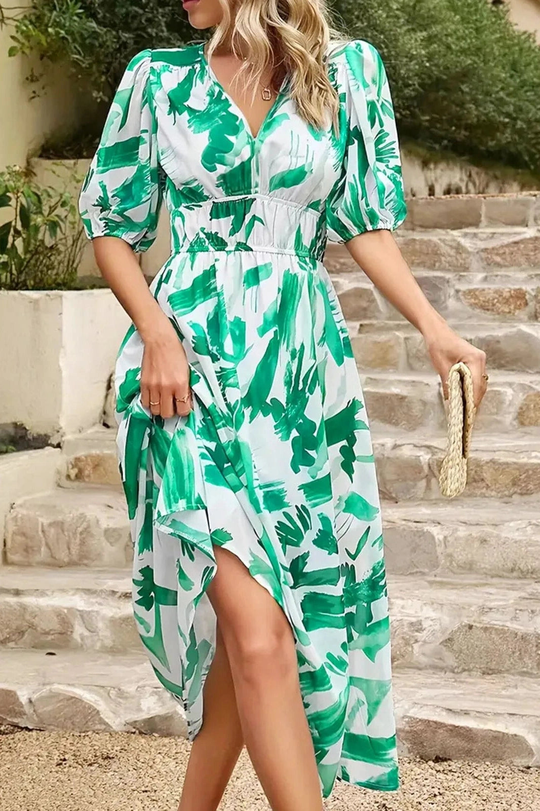 Floral Print Deep V-Neck Midi Dress