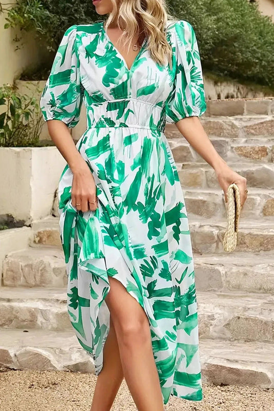 Floral Print Deep V-Neck Midi Dress