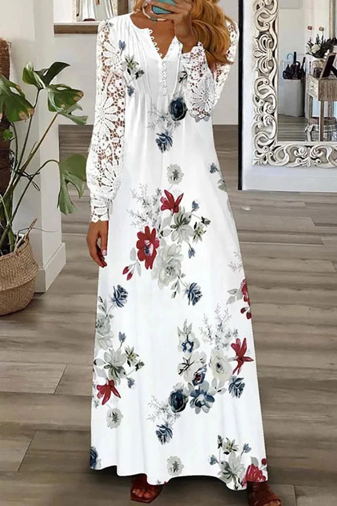 V-Neck Printed Long Sleeve Maxi Dress