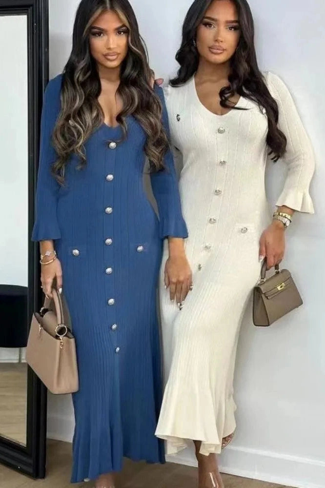 Elegant V-Neck Long Sleeve Maxi Dress