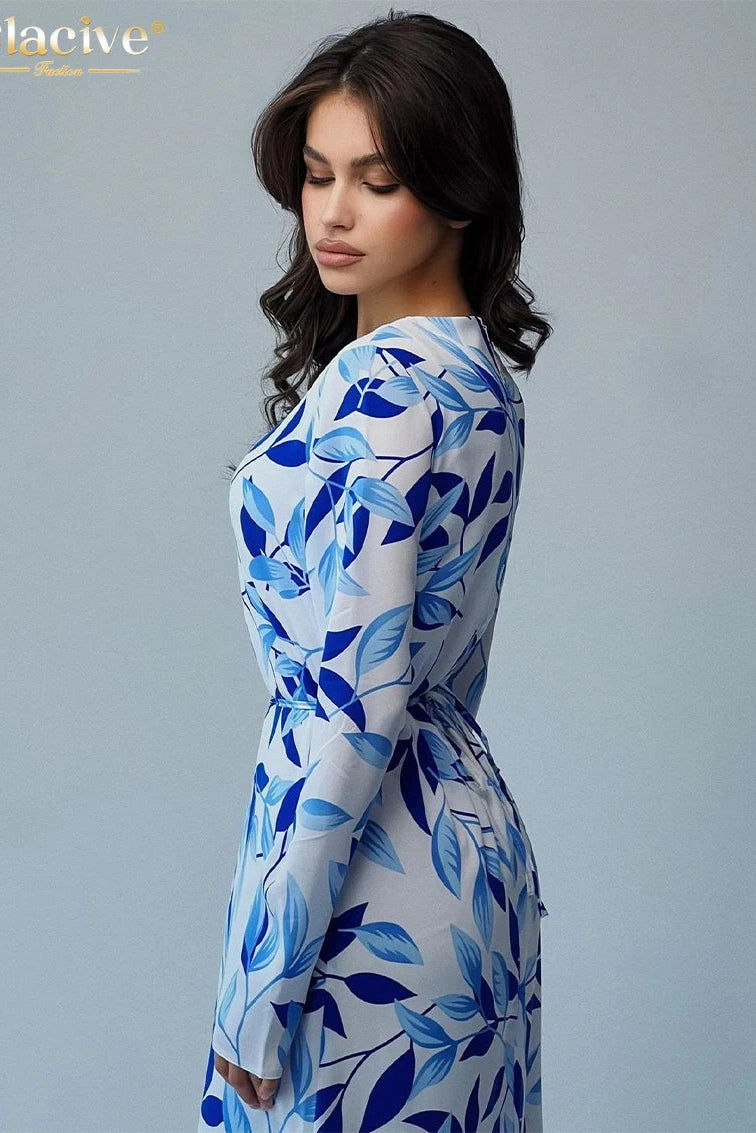 Print O-Neck Long Sleeve Maxi Dress