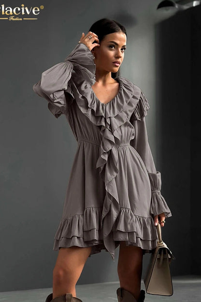 V-Neck Long Sleeve Mini Dress