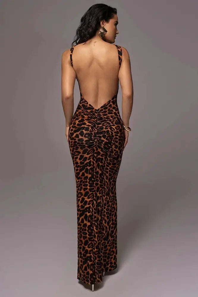 Leopard Print Sleeveless Hollow Out Maxi Dress