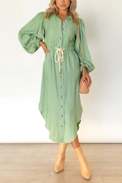 Single-Breasted Long Sleeves Elastic Waist Maxi Dress GOMINGLO