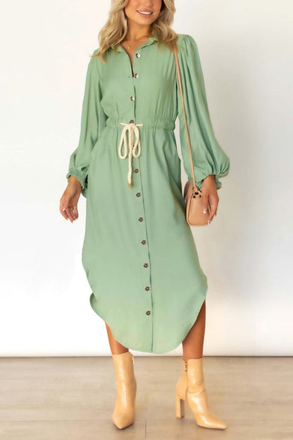 Single-Breasted Long Sleeves Elastic Waist Maxi Dress GOMINGLO