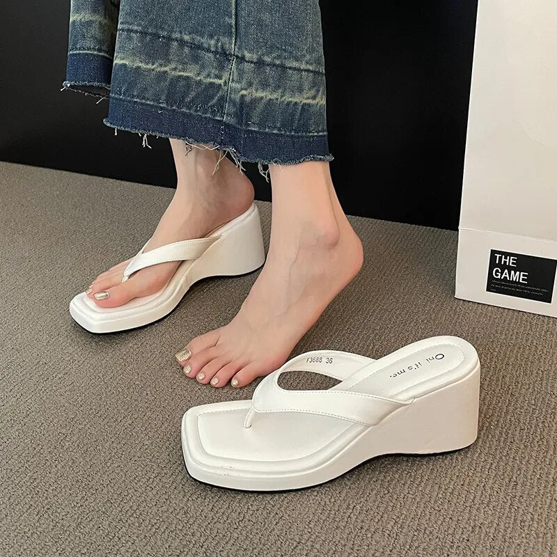 Square Toe Wedge Flip Flops Non Slip Slippers for Women GOMINGLO