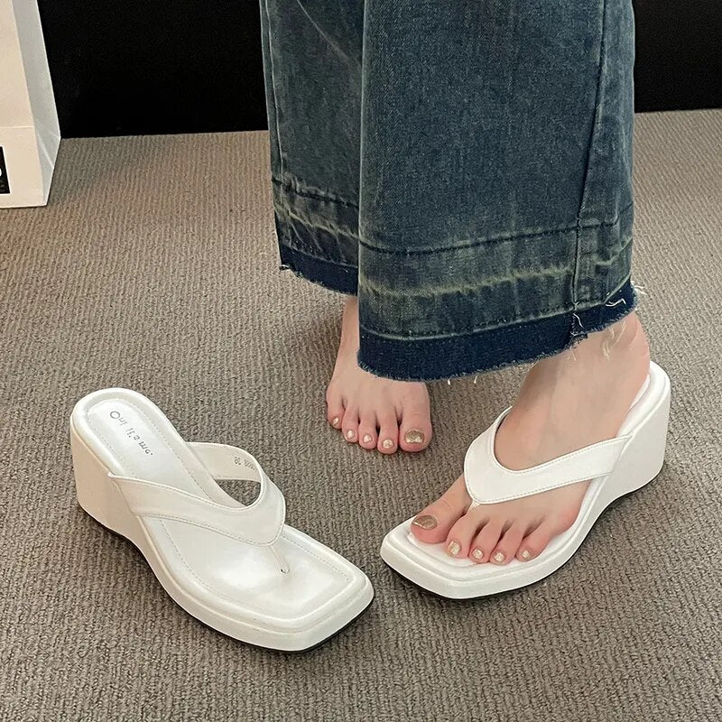 Square Toe Wedge Flip Flops Non Slip Slippers for Women GOMINGLO