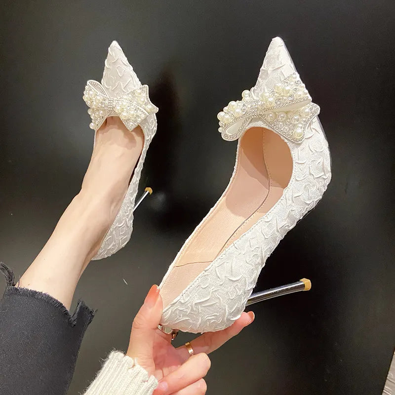 Stiletto Heel Pearl Thin High Heels Shoes GOMINGLO