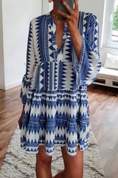 Stripe Flare Printed Geometric Sleeves Mini Dress GOMINGLO